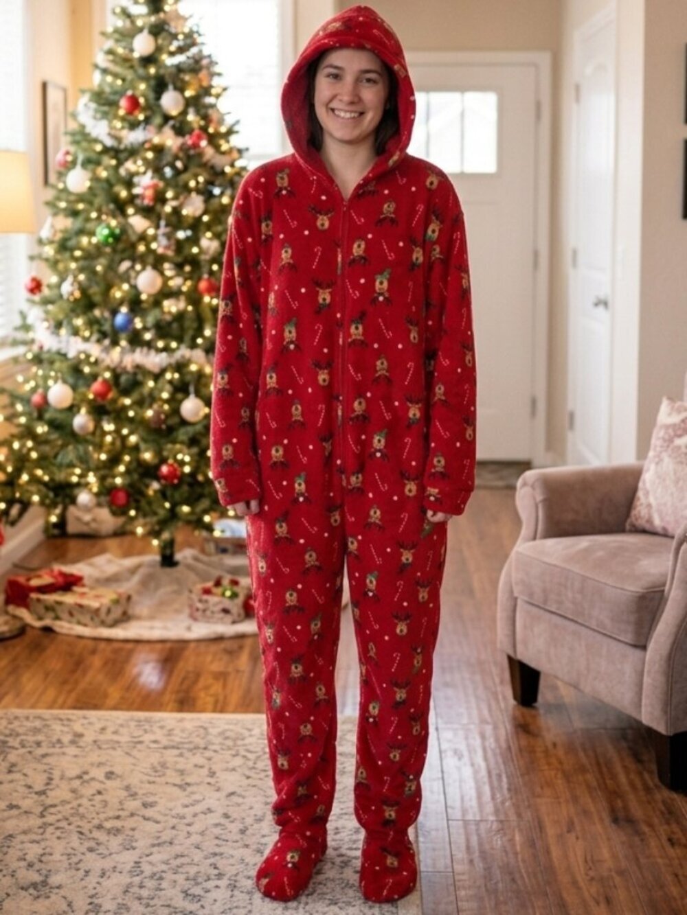 Macy's Unisex Red Reindeer Hooded One Piece Footie Pajamas - Large